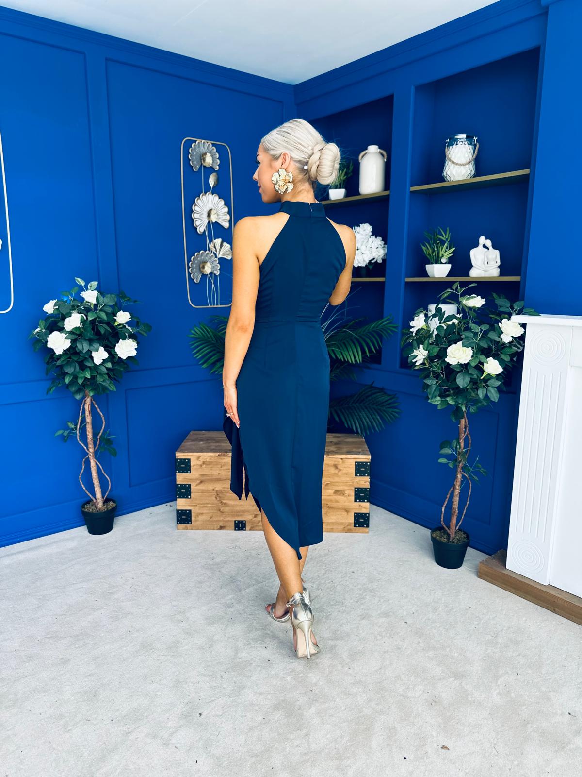 Priya Tie Waist Halter Neck Midi Dress Navy