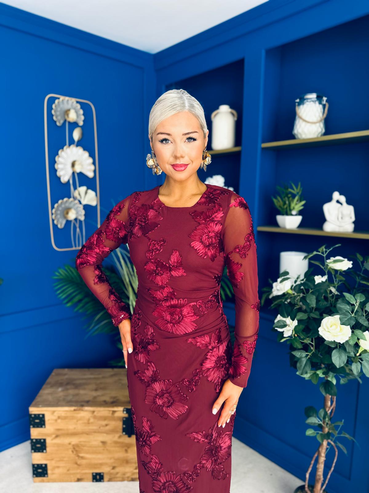 Elodie Floral Embroidered Mesh Bodycon Dress Wine