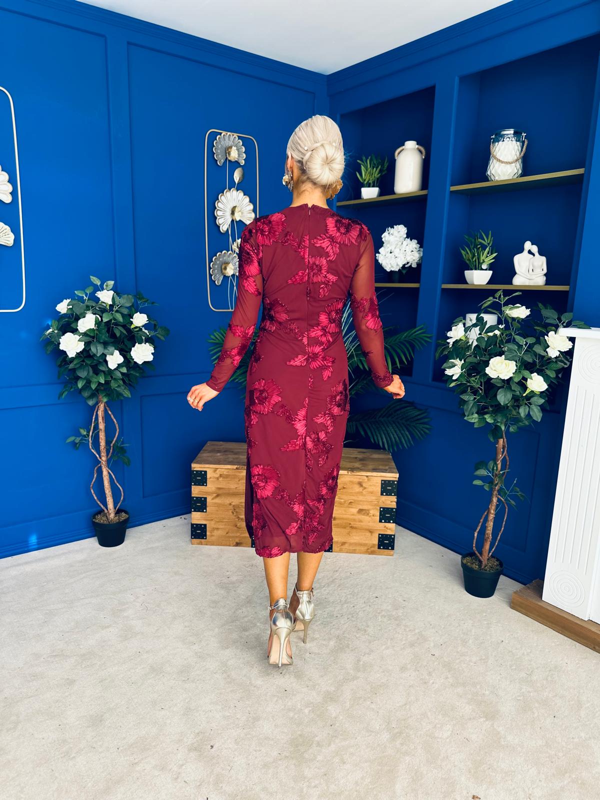 Elodie Floral Embroidered Mesh Bodycon Dress Wine