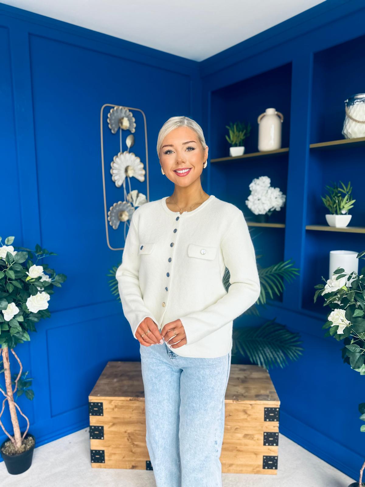 Jen Gold Button Cardi Cream