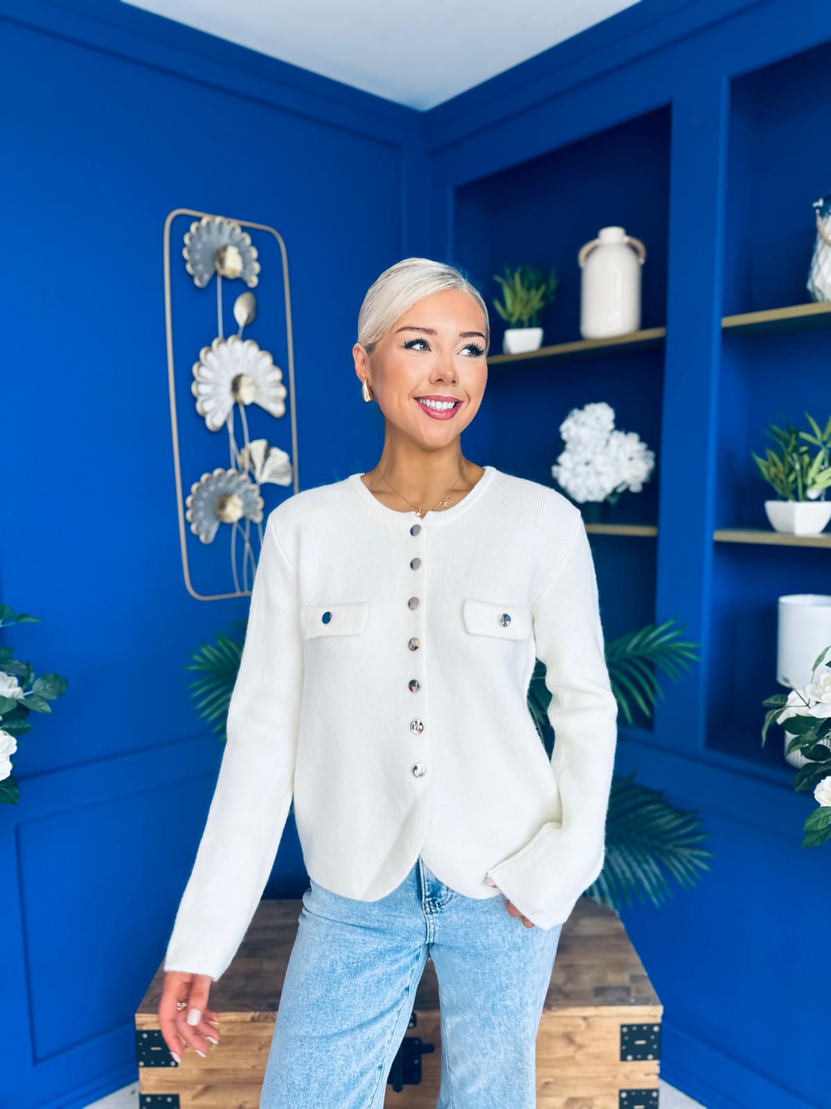 Jen Gold Button Cardi Cream