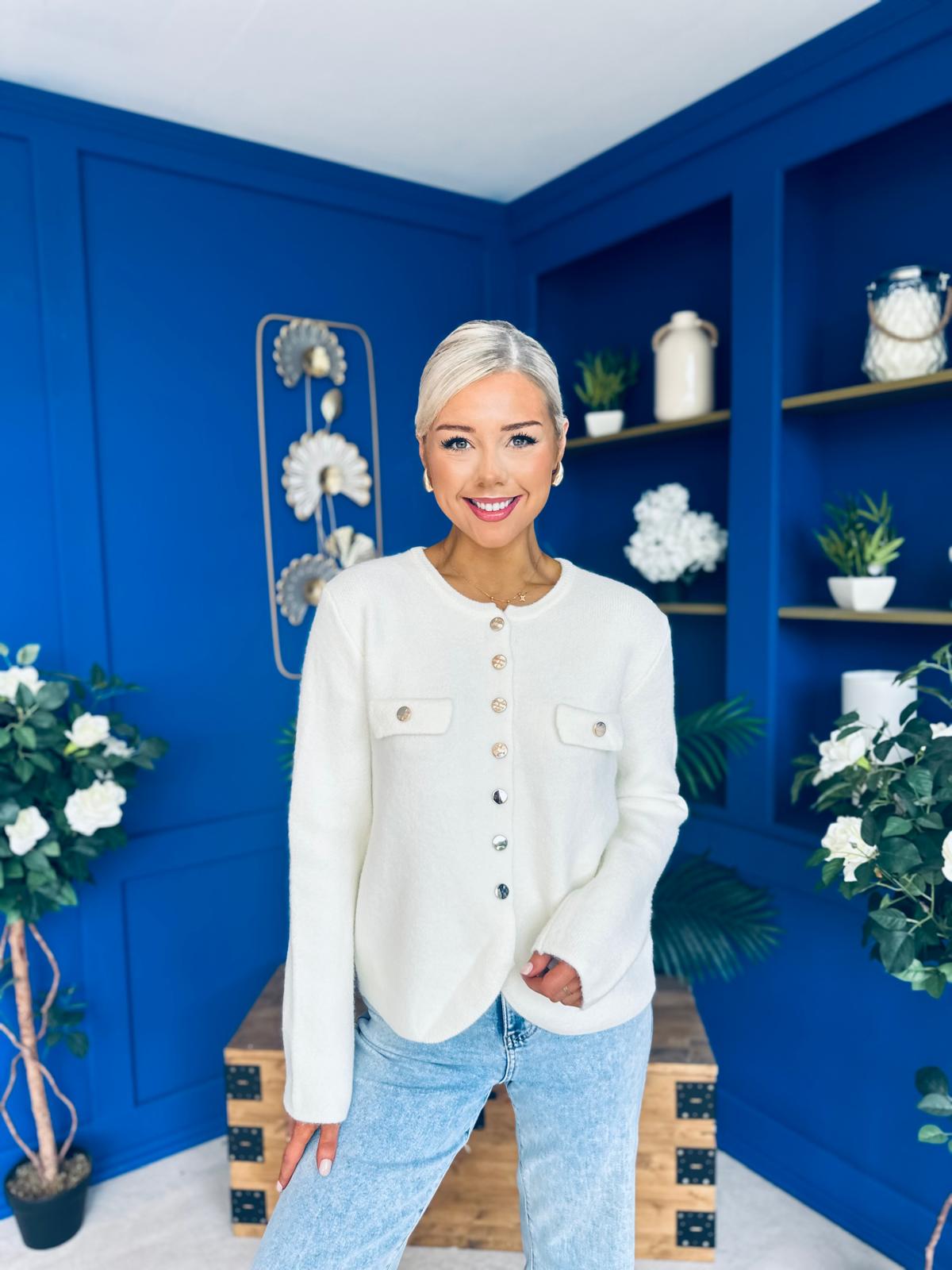 Jen Gold Button Cardi Cream