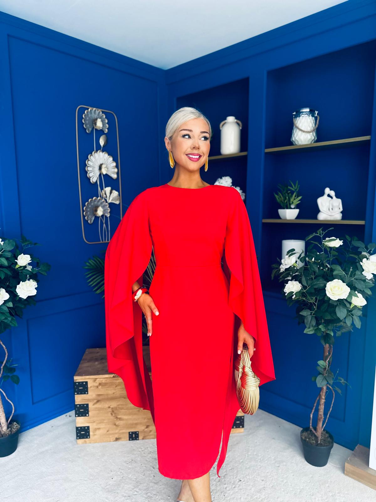 Megan Cape Detail Occasion Dress Red
