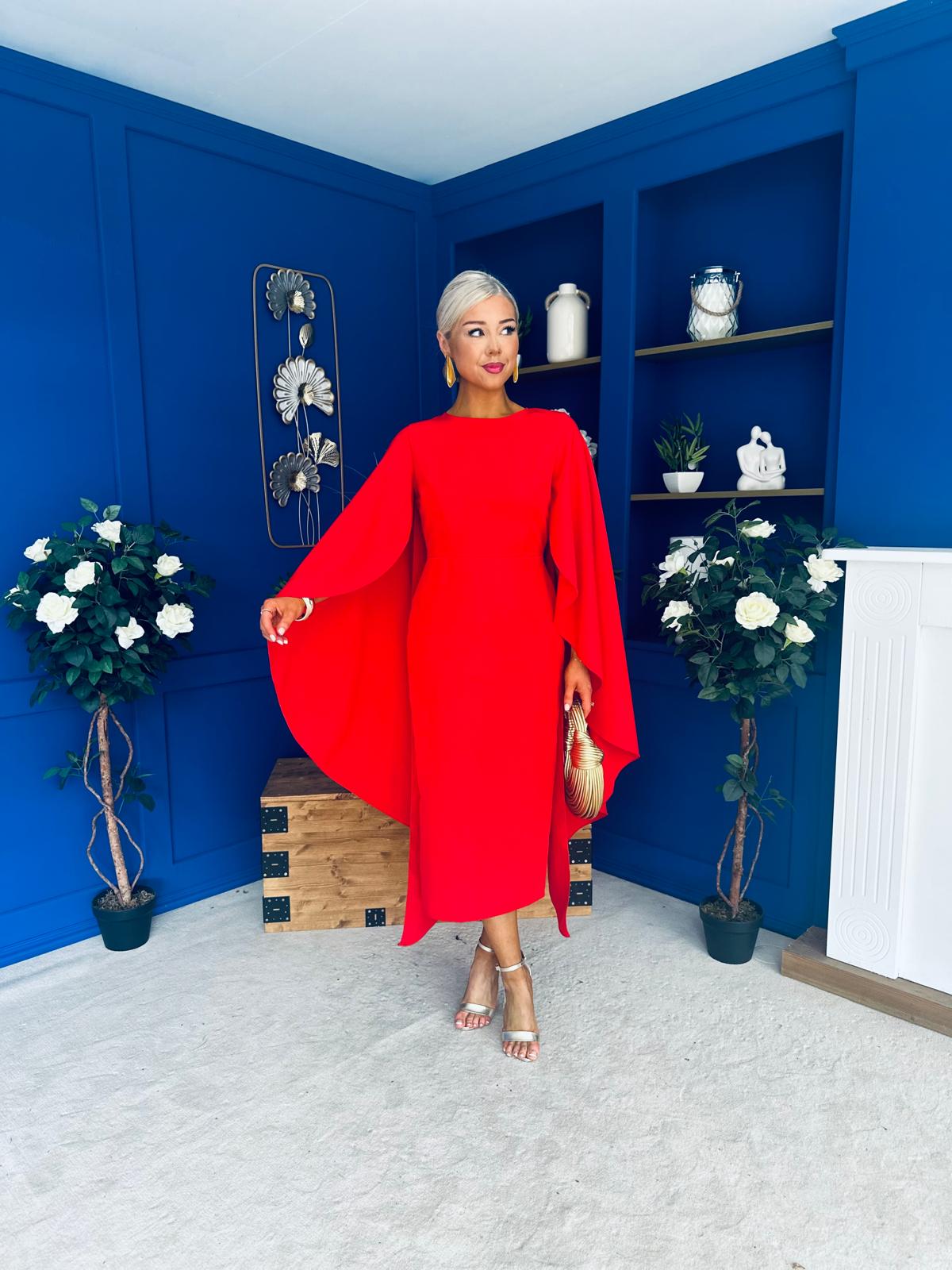 Megan Cape Detail Occasion Dress Red
