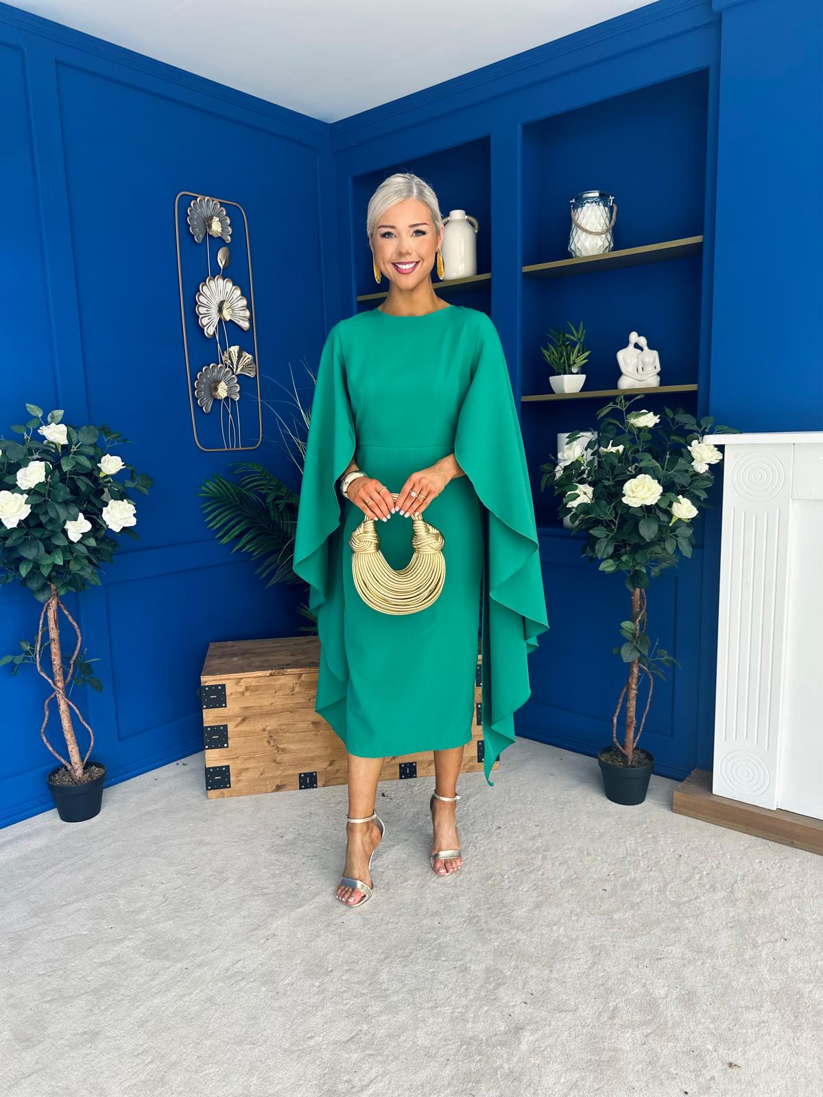 Megan Cape Detail Occasion Dress Emerald