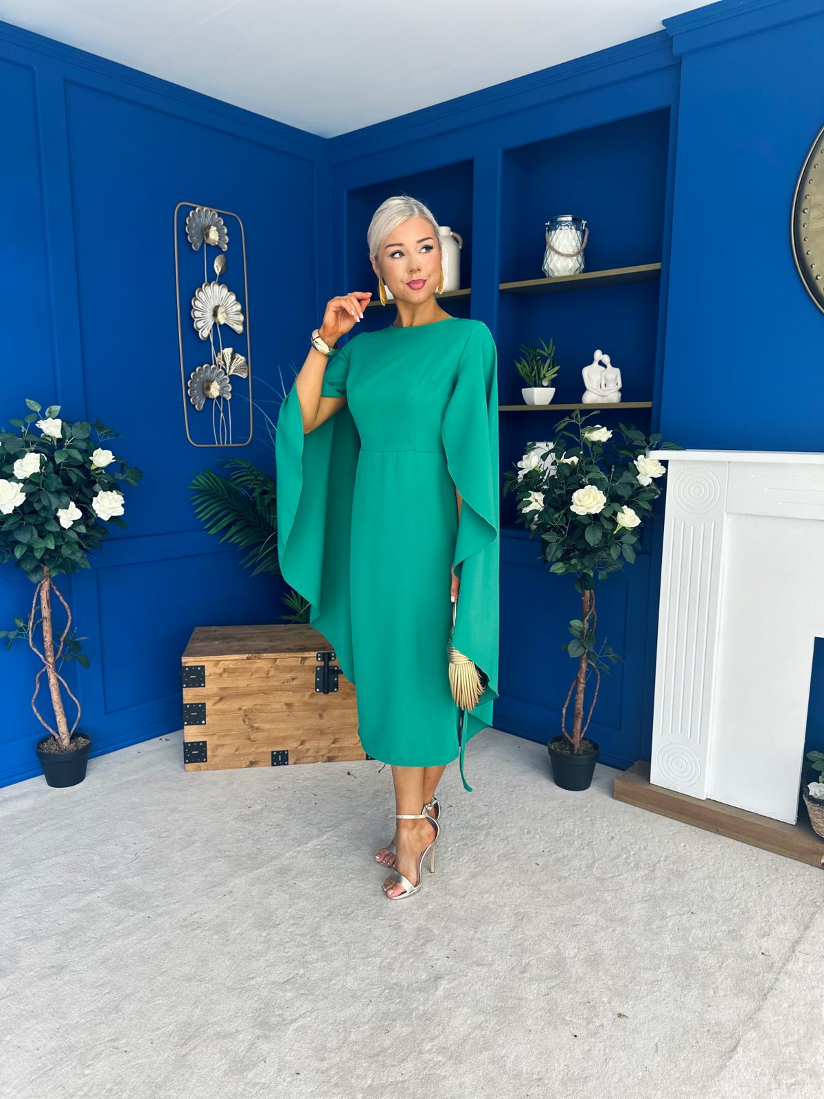 Megan Cape Detail Occasion Dress Emerald