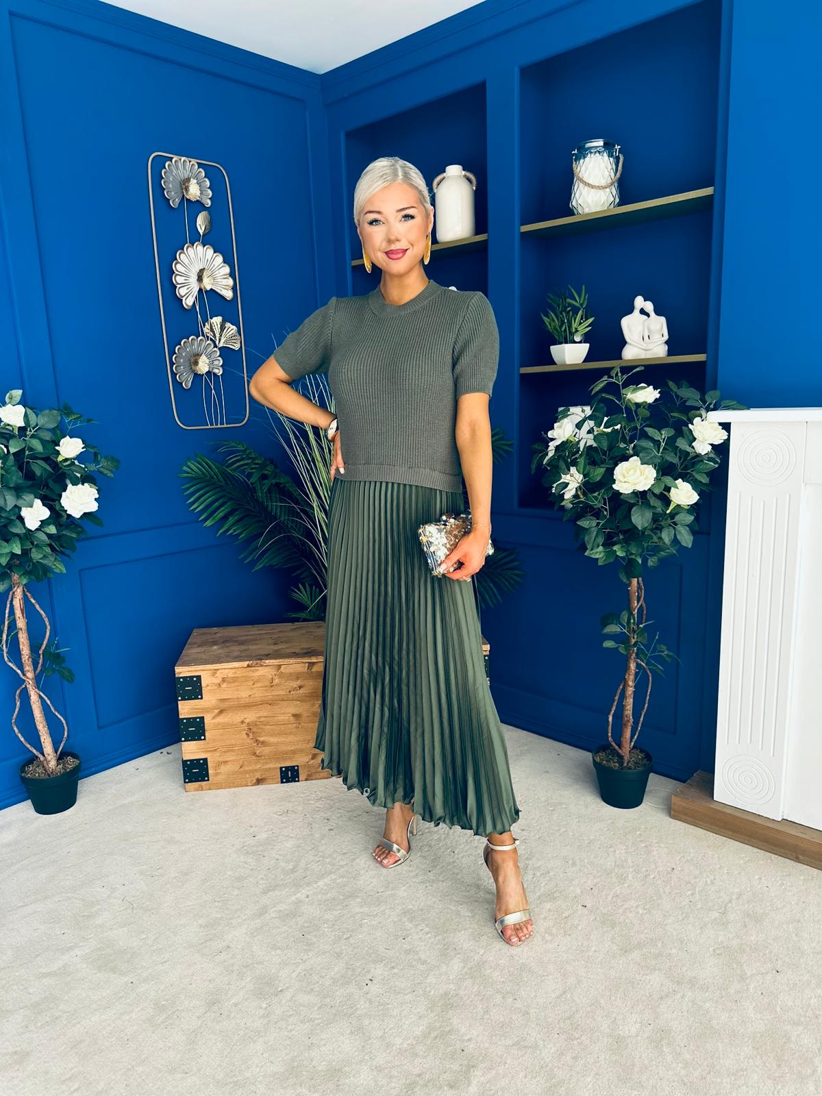 Jane Knit & Satin Midi Dress Khaki