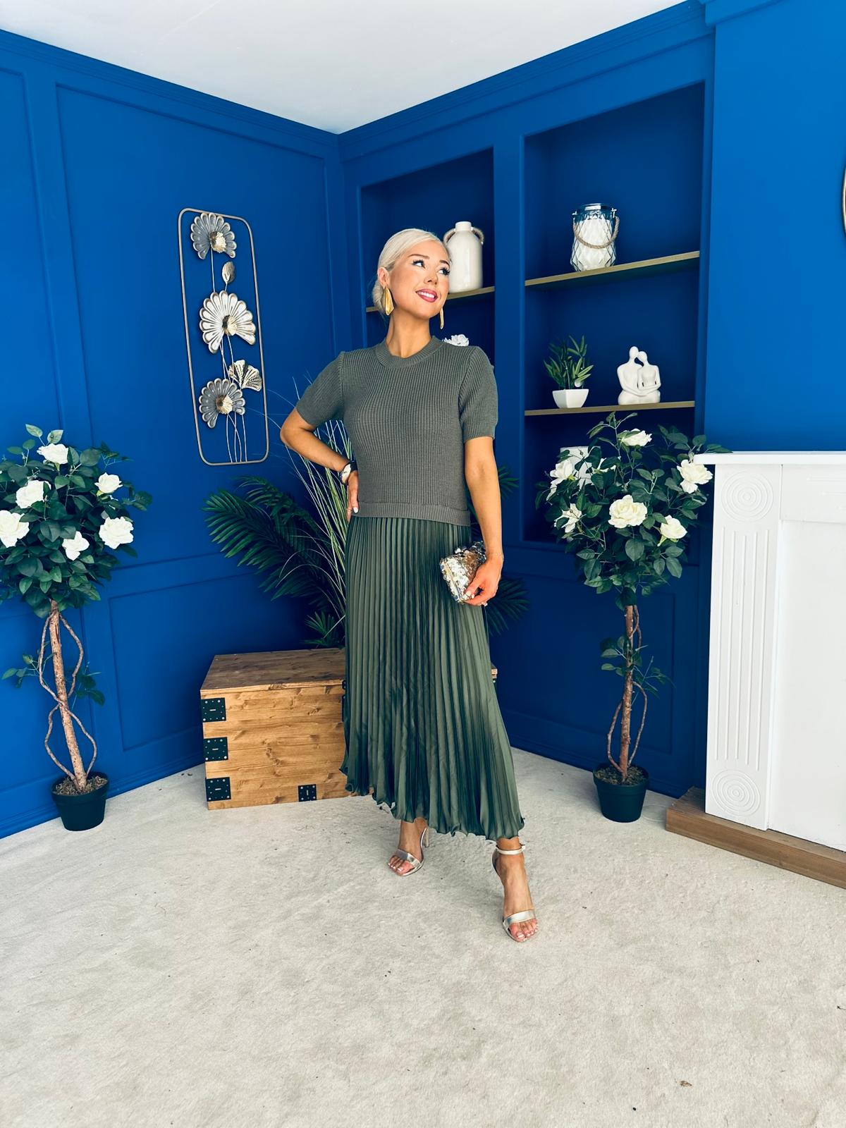 Jane Knit & Satin Midi Dress Khaki