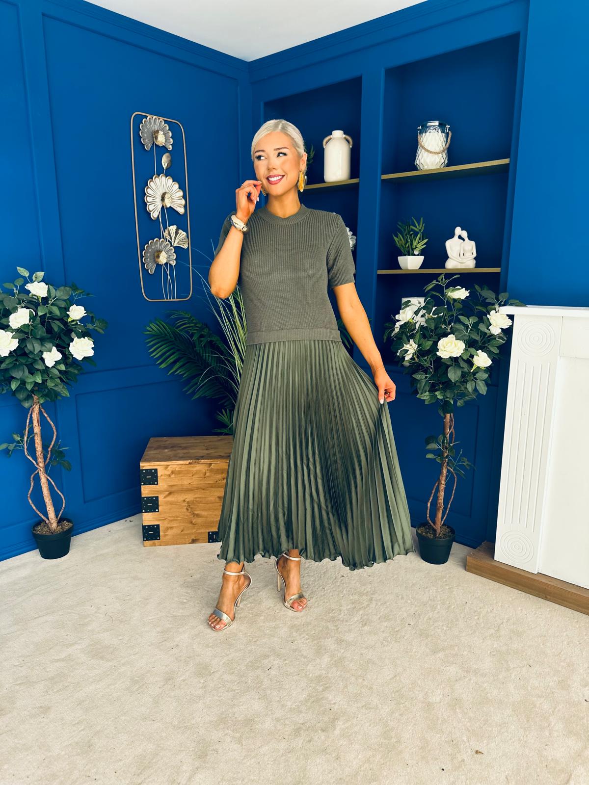 Jane Knit & Satin Midi Dress Khaki