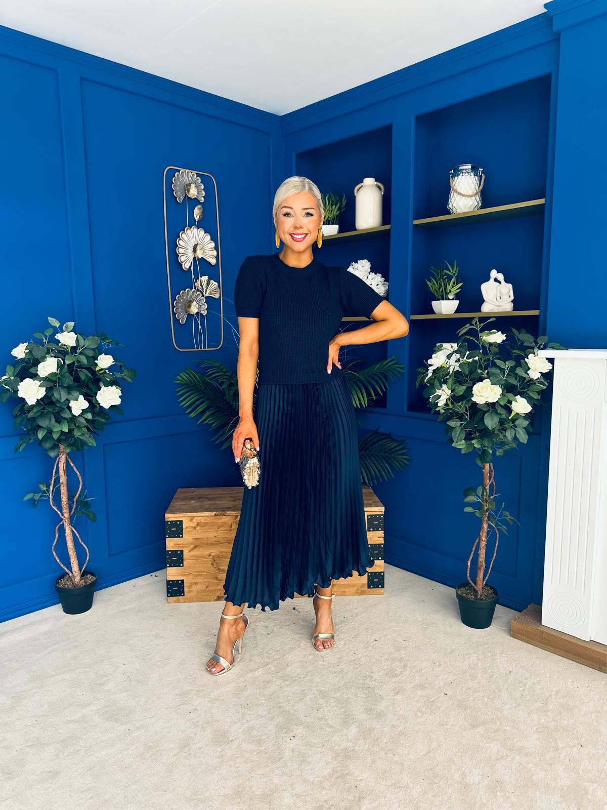 Jane Knit & Satin Midi Dress Navy