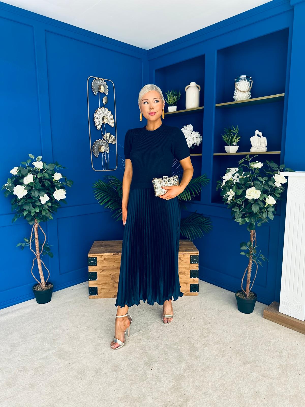 Jane Knit & Satin Midi Dress Navy