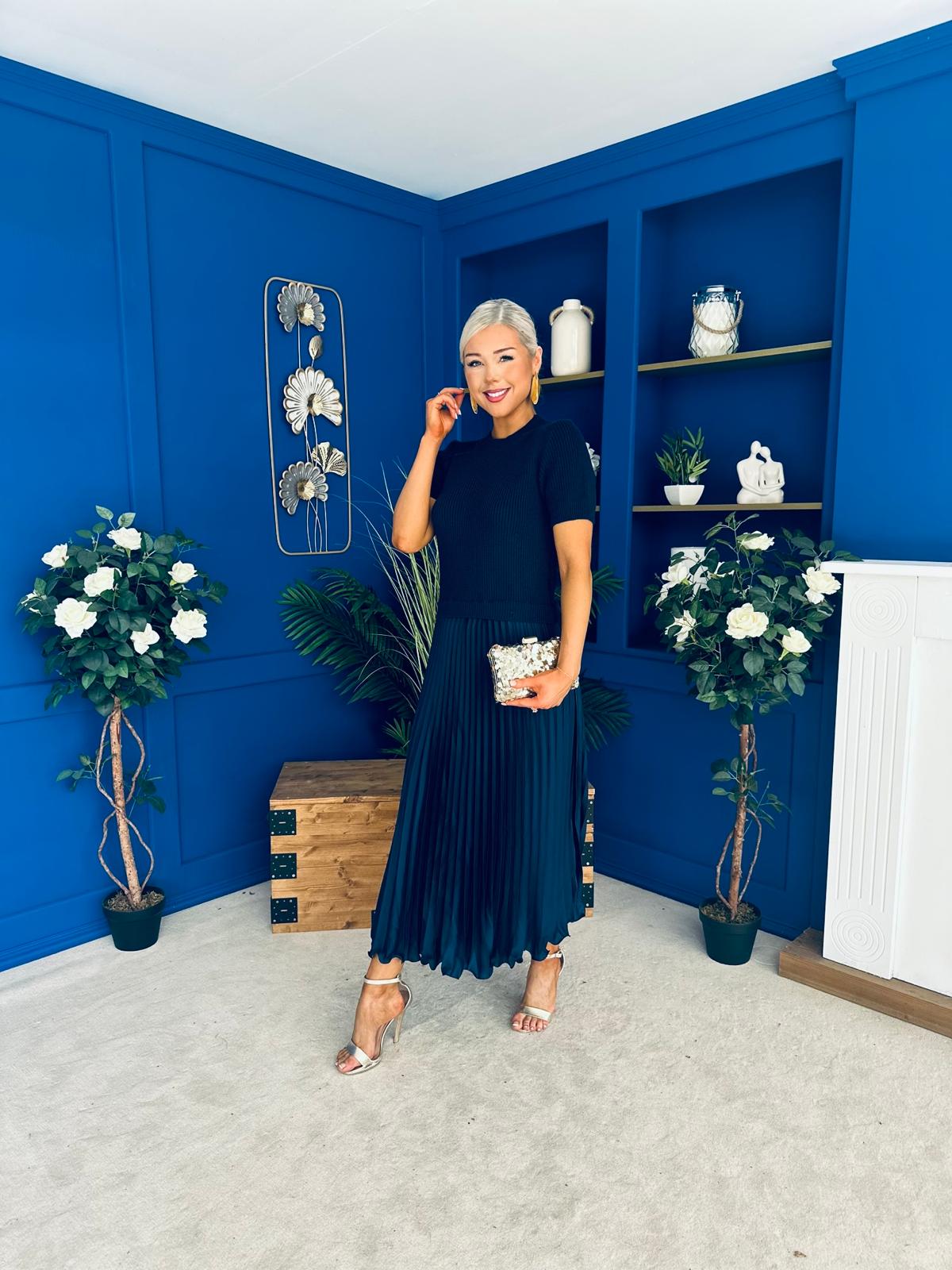 Jane Knit & Satin Midi Dress Navy