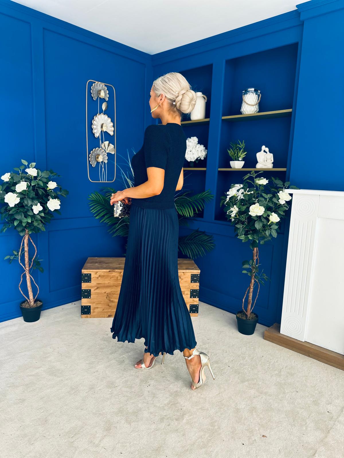 Jane Knit & Satin Midi Dress Navy