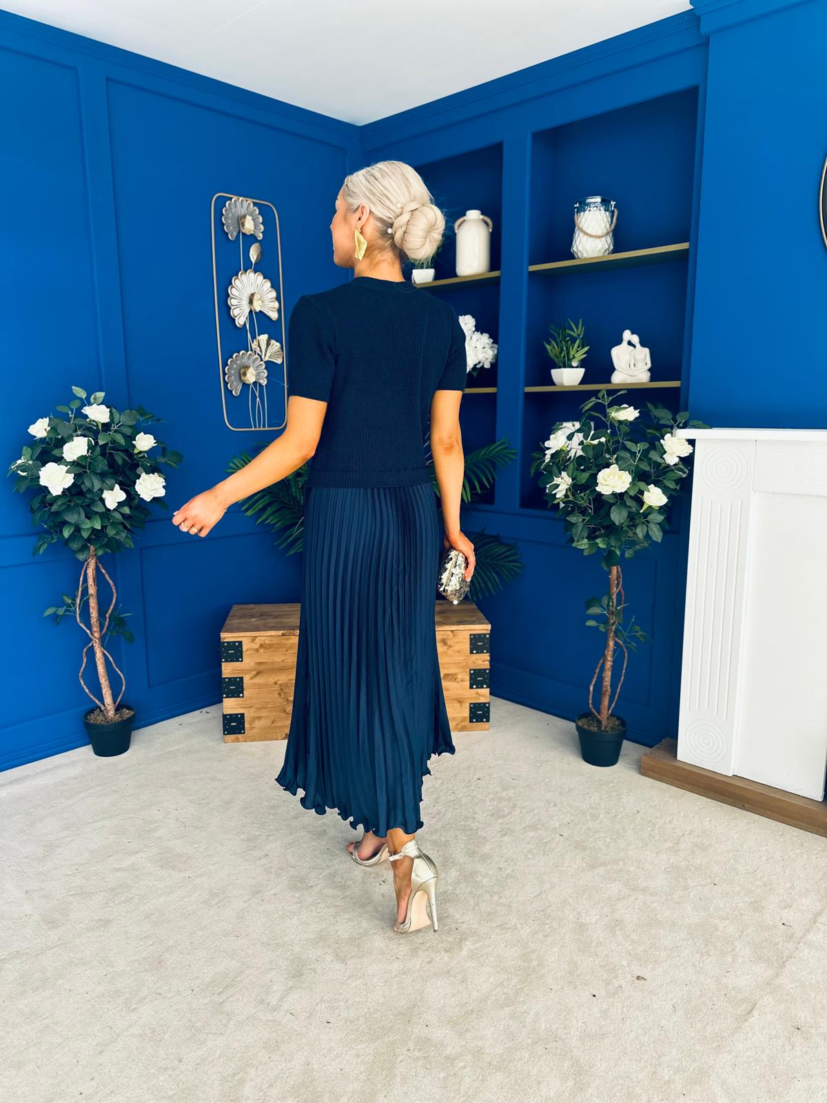 Jane Knit & Satin Midi Dress Navy