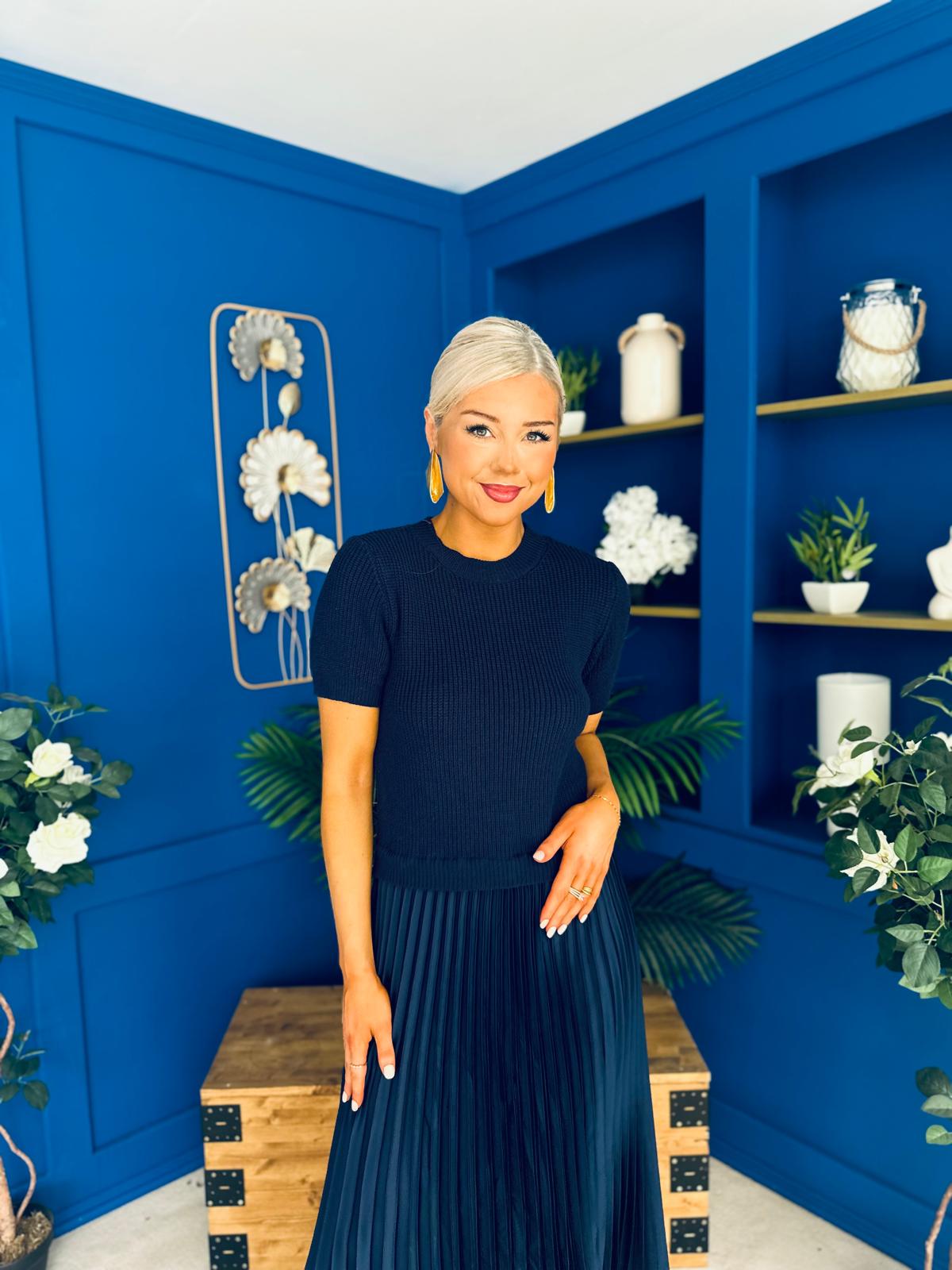 Jane Knit & Satin Midi Dress Navy
