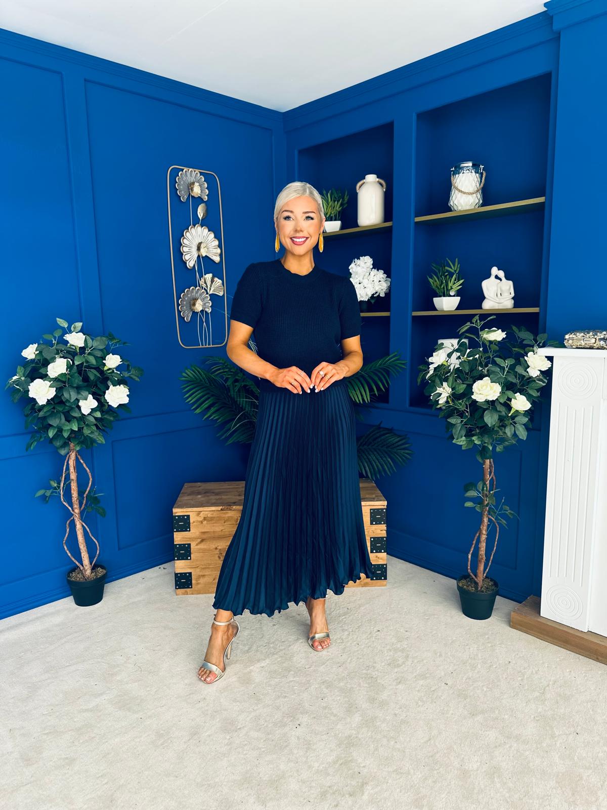 Jane Knit & Satin Midi Dress Navy