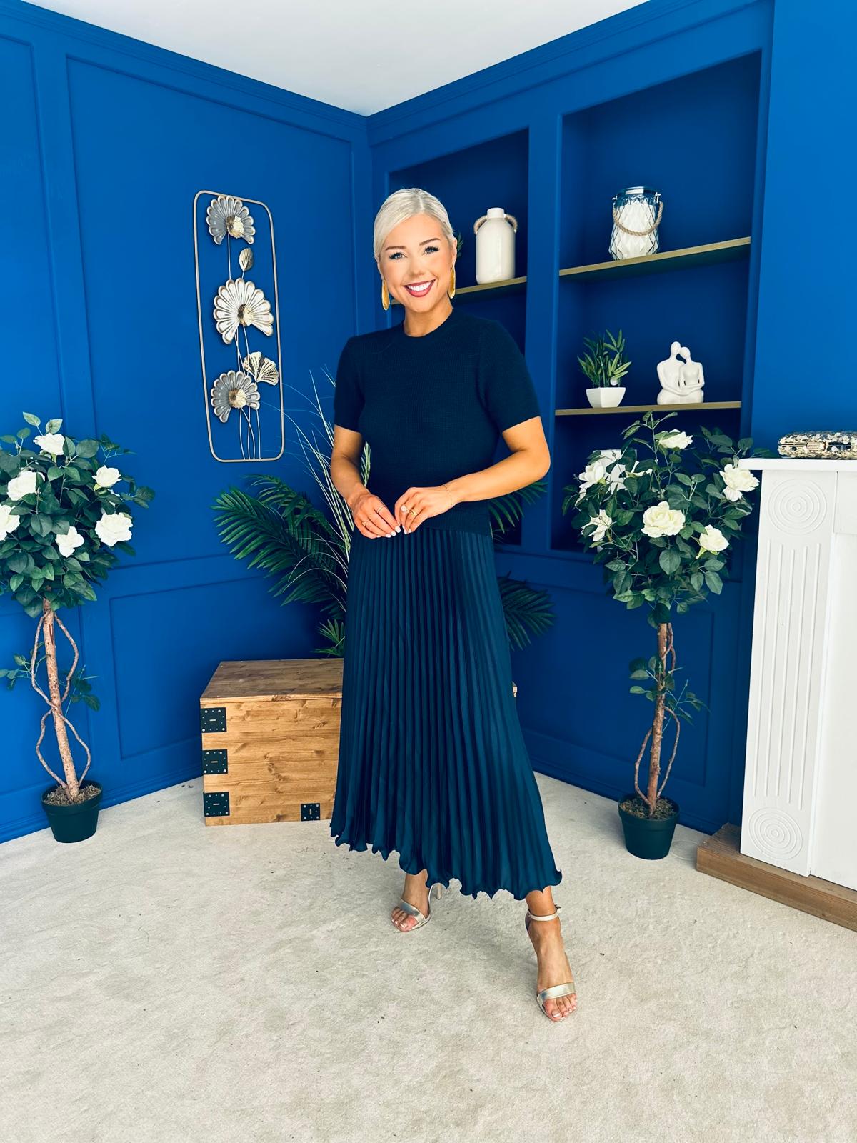 Jane Knit & Satin Midi Dress Navy