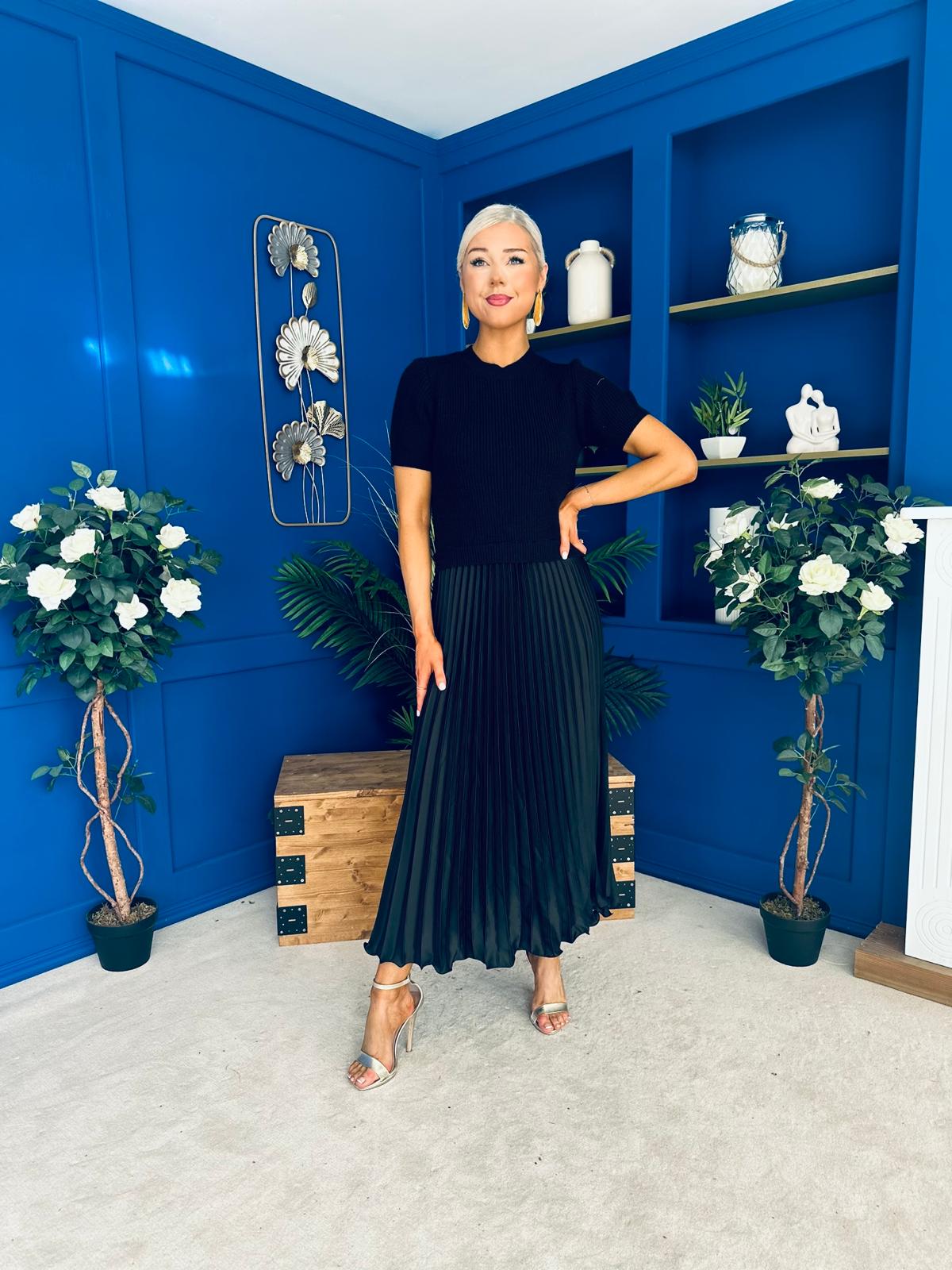 Jane Knit & Satin Midi Dress Black