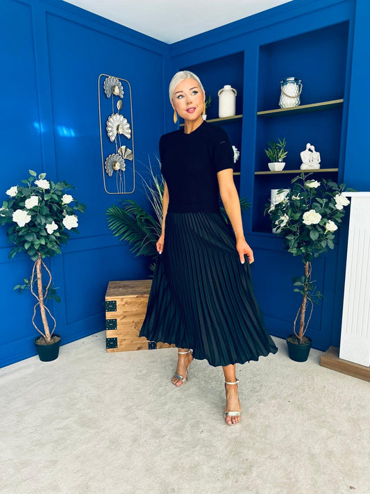 Jane Knit & Satin Midi Dress Black