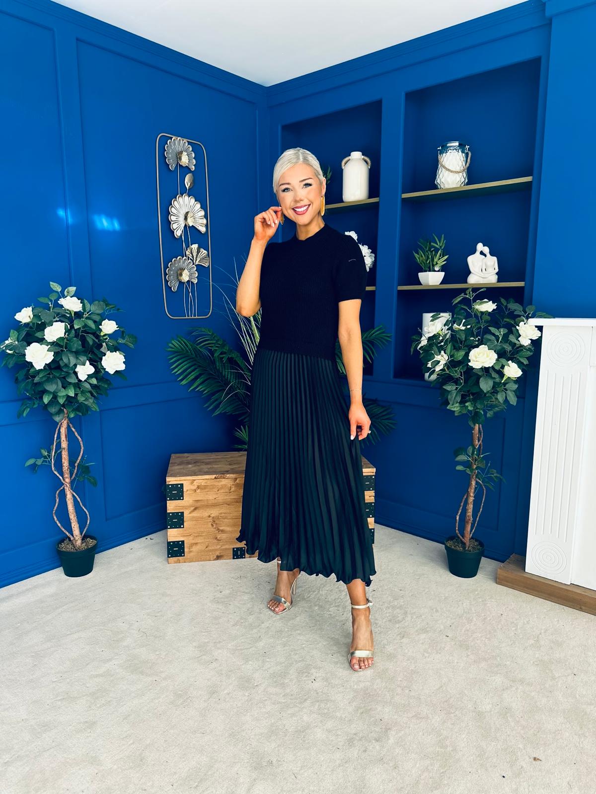 Jane Knit & Satin Midi Dress Black