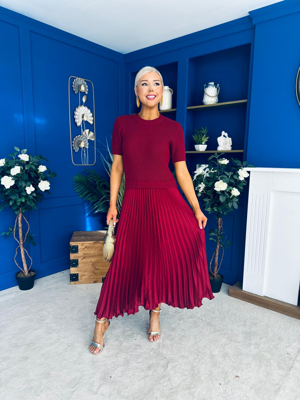 Jane Knit & Satin Midi Dress Wine