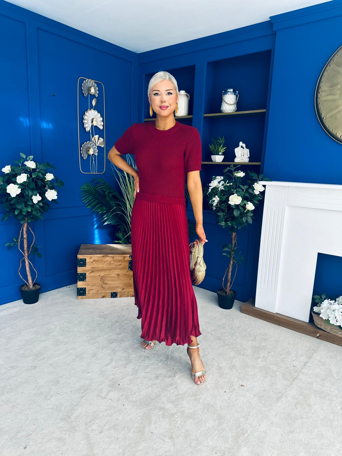 Jane Knit & Satin Midi Dress Wine