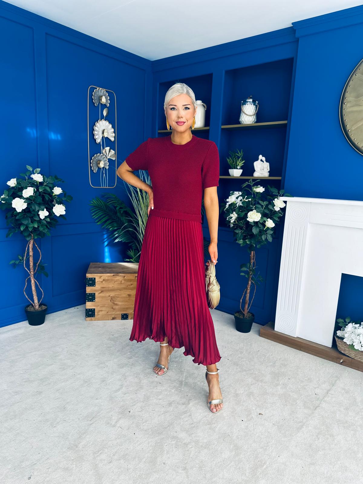 Jane Knit & Satin Midi Dress Wine