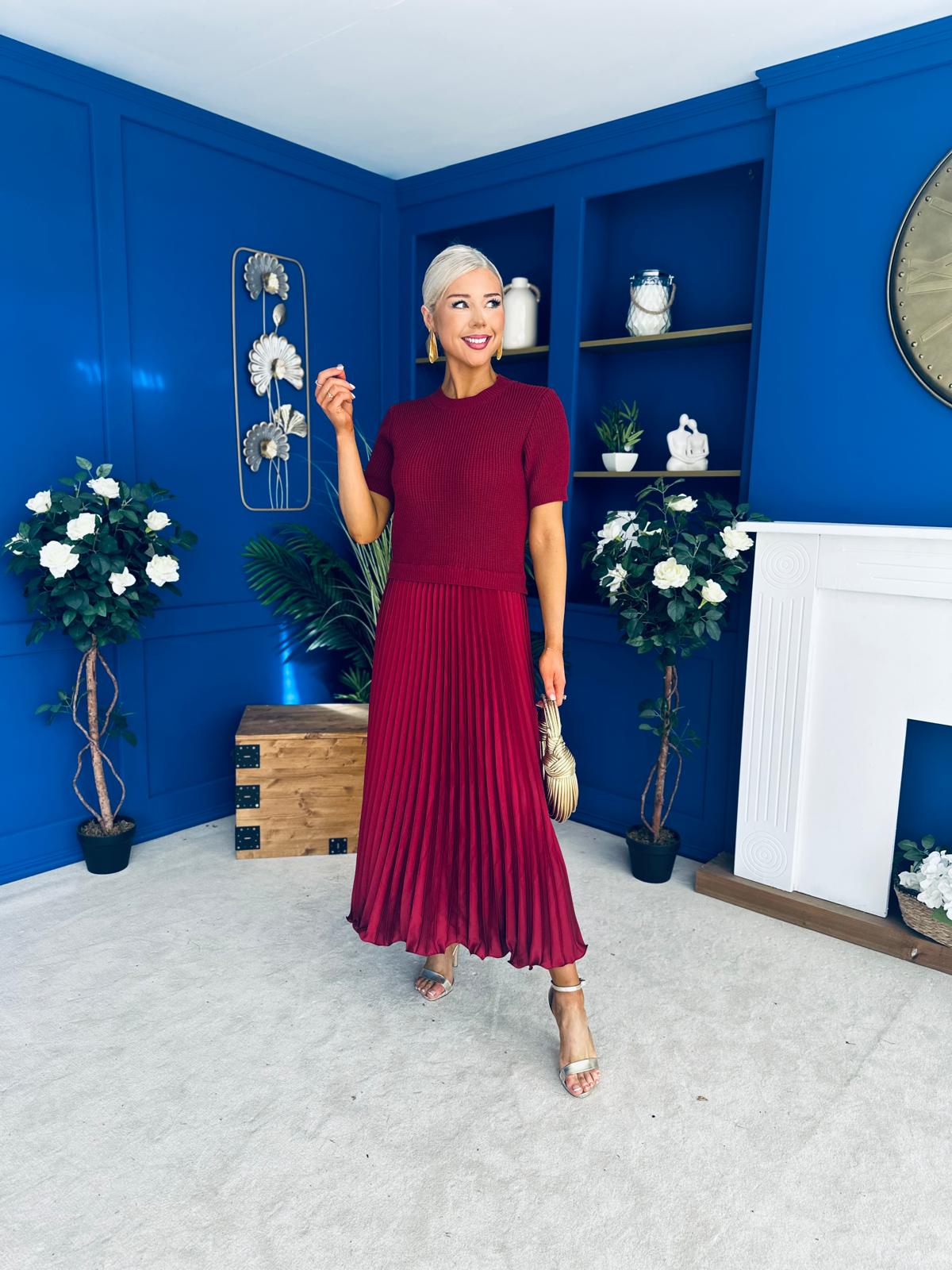 Jane Knit & Satin Midi Dress Wine