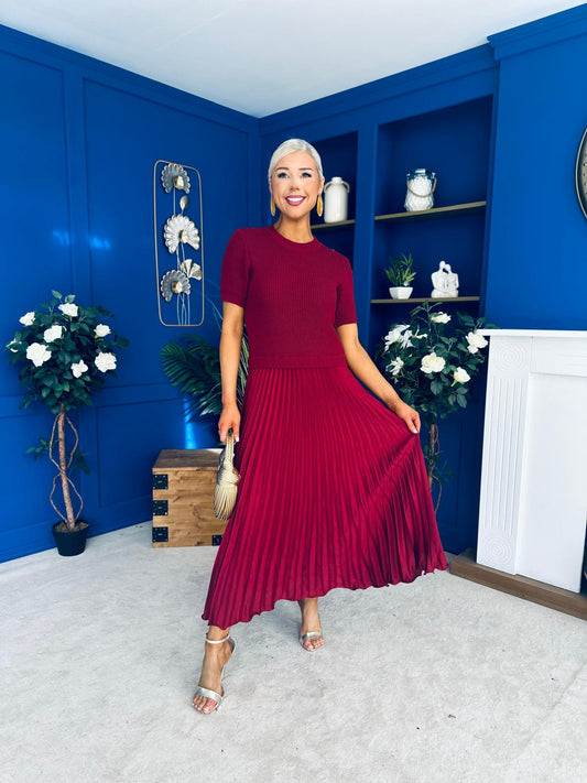 Jane Knit & Satin Midi Dress Wine