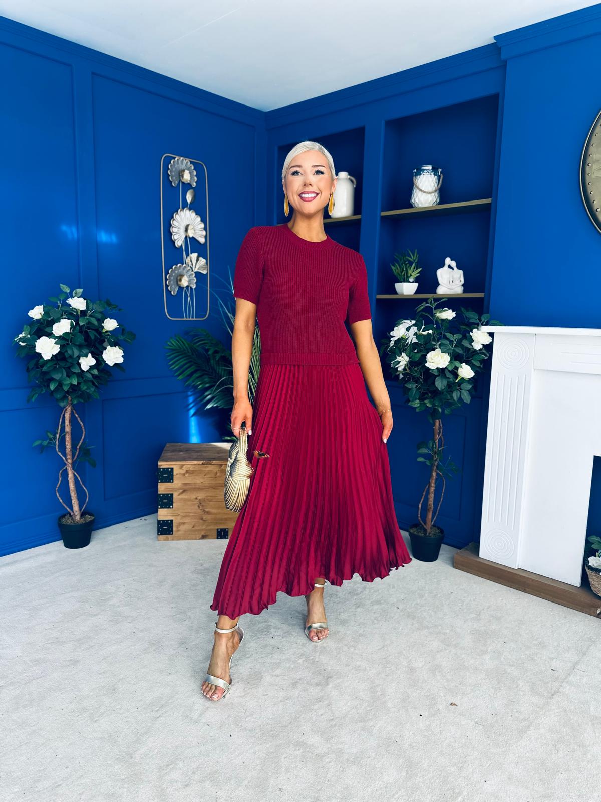 Jane Knit & Satin Midi Dress Wine