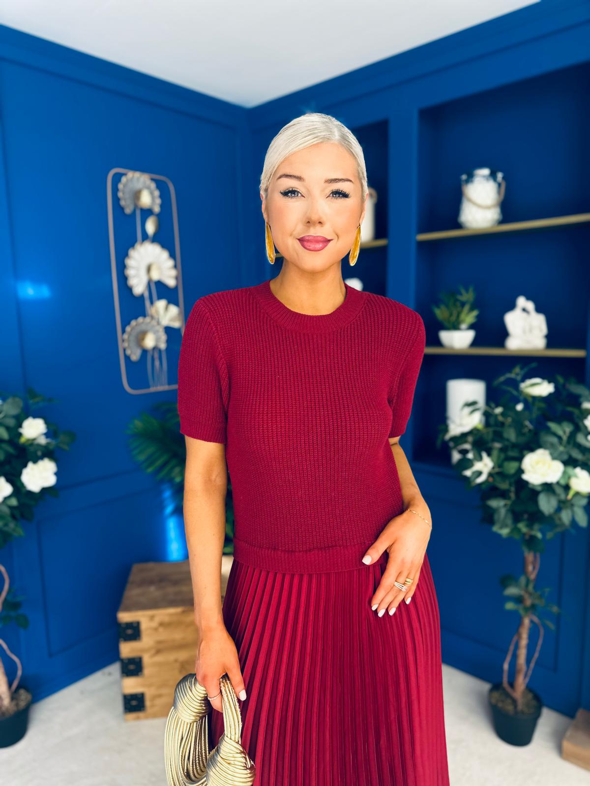 Jane Knit & Satin Midi Dress Wine