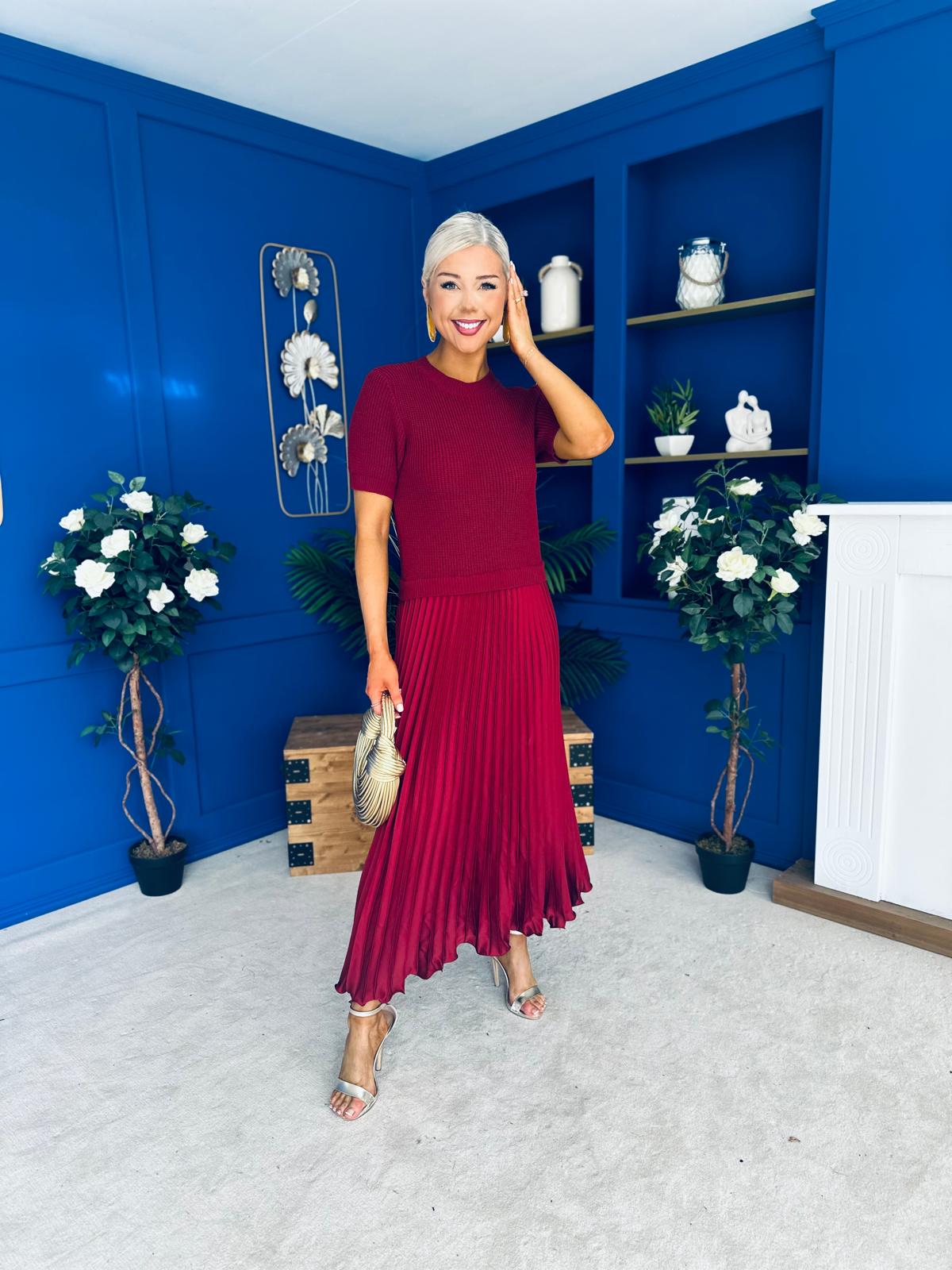 Jane Knit & Satin Midi Dress Wine