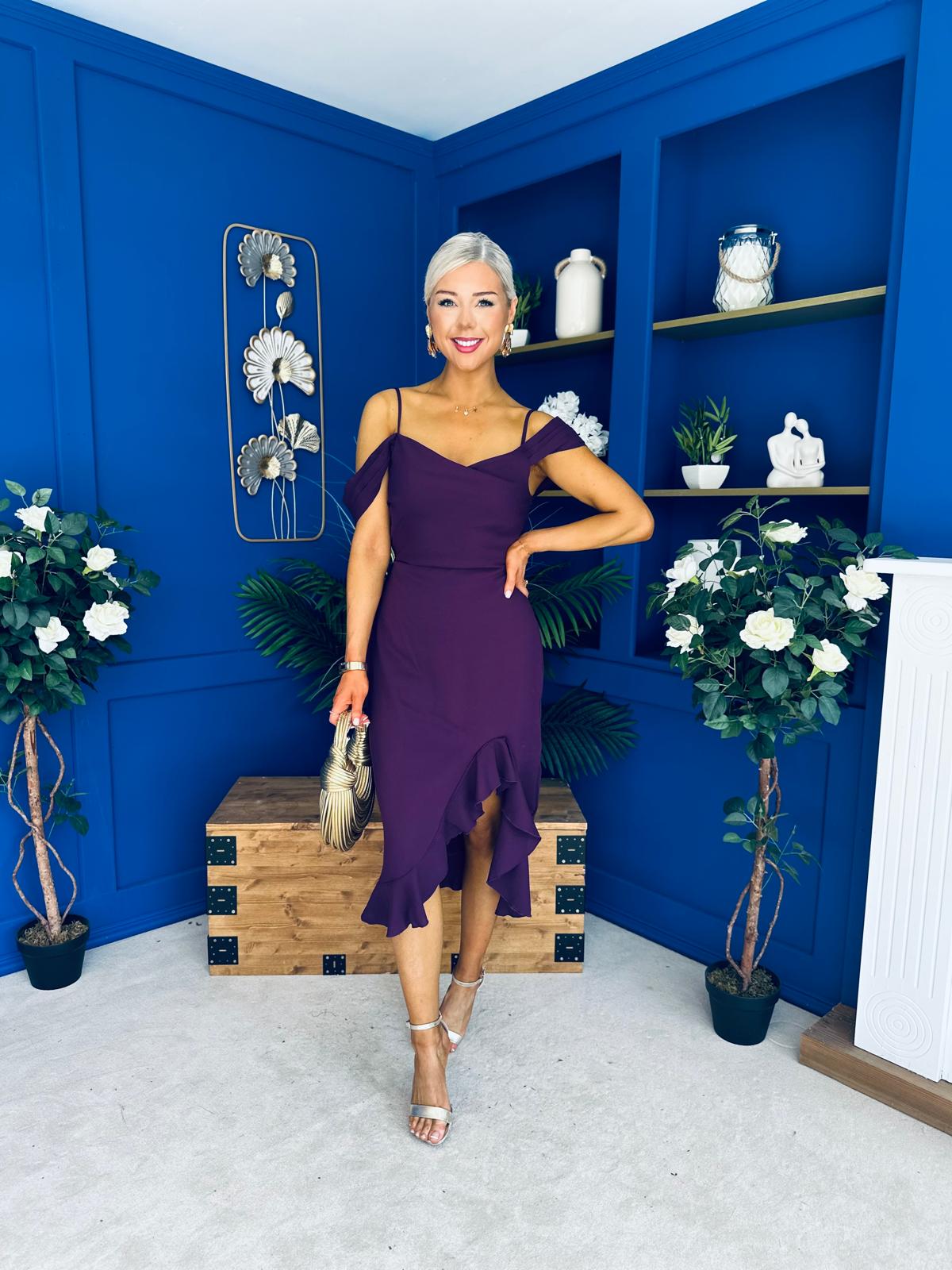 Kamilla Asym Off Shoulder Midi Dress Plum