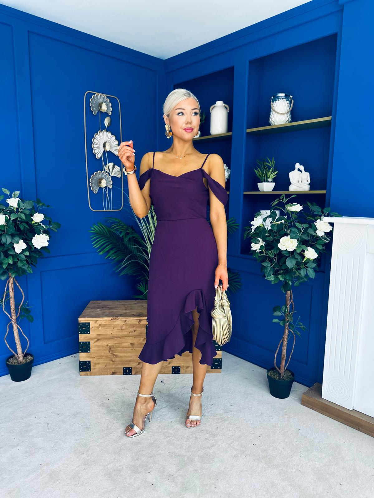 Kamilla Asym Off Shoulder Midi Dress Plum