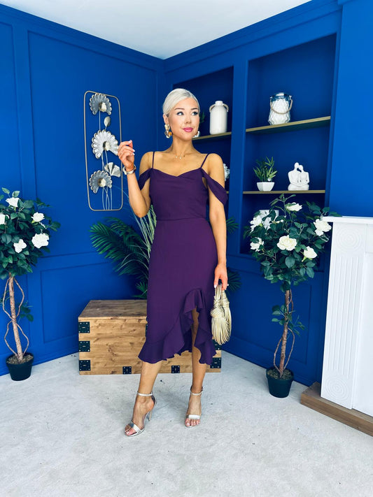 Kamilla Asym Off Shoulder Midi Dress Plum