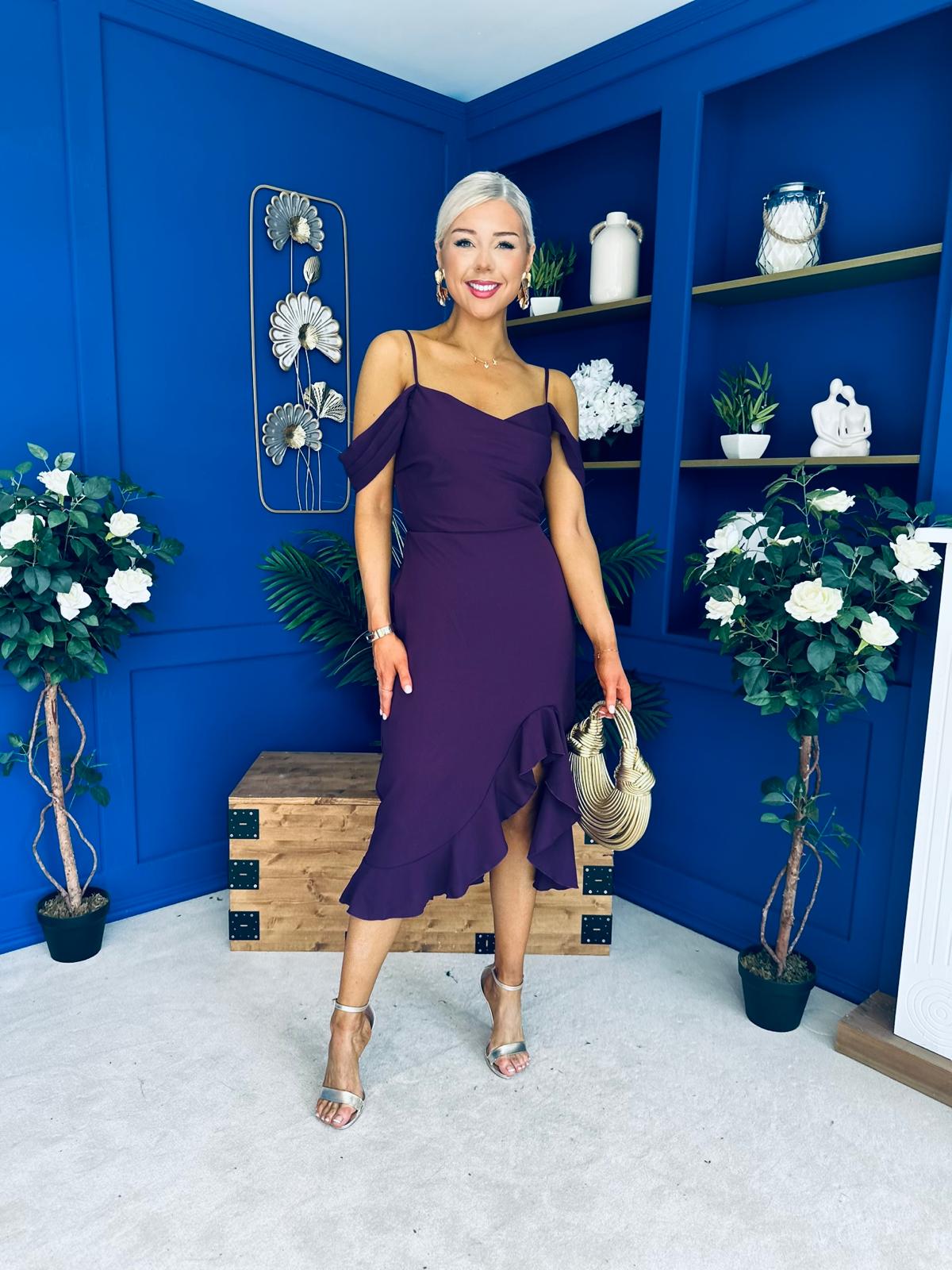 Kamilla Asym Off Shoulder Midi Dress Plum