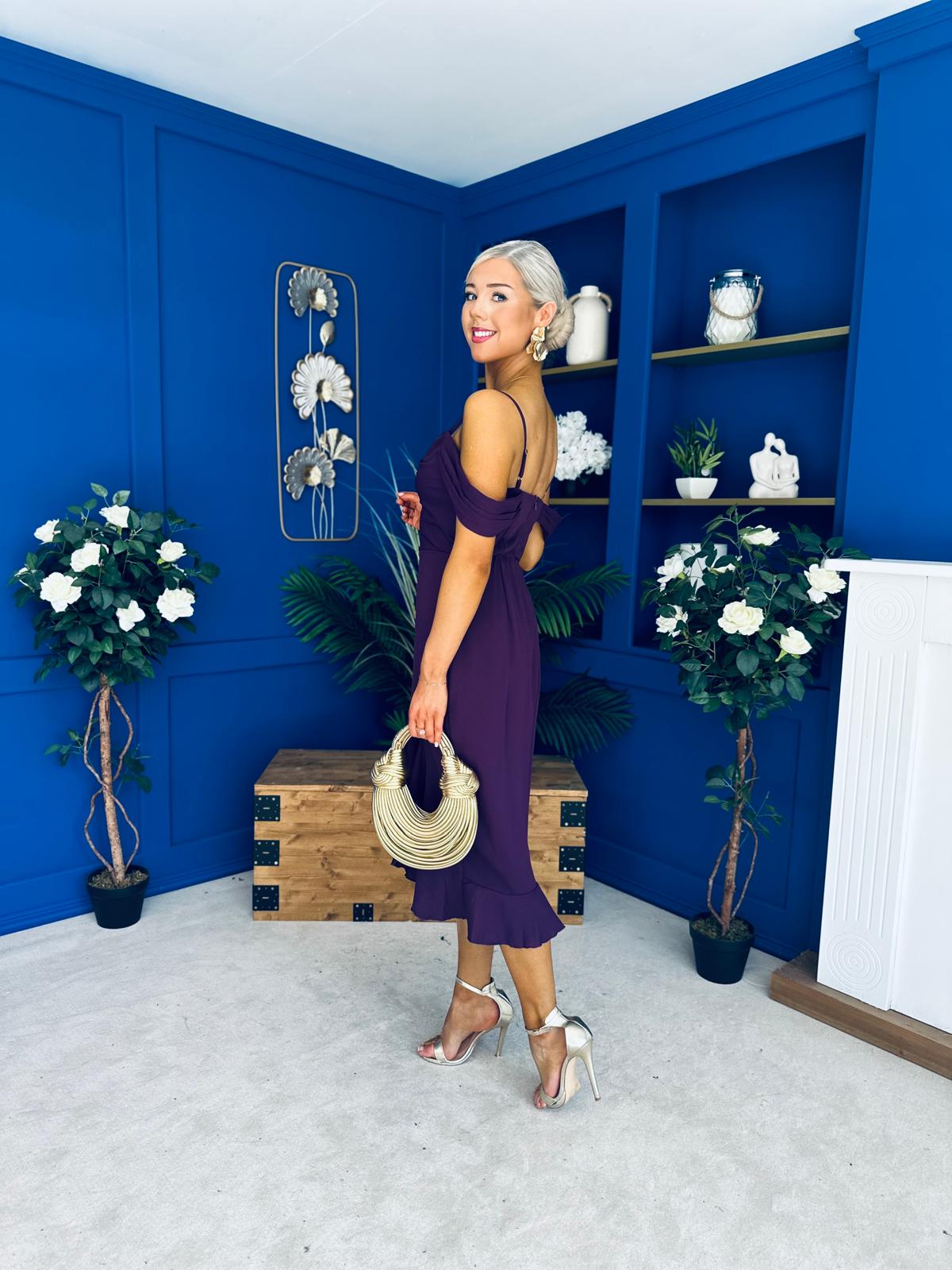 Kamilla Asym Off Shoulder Midi Dress Plum