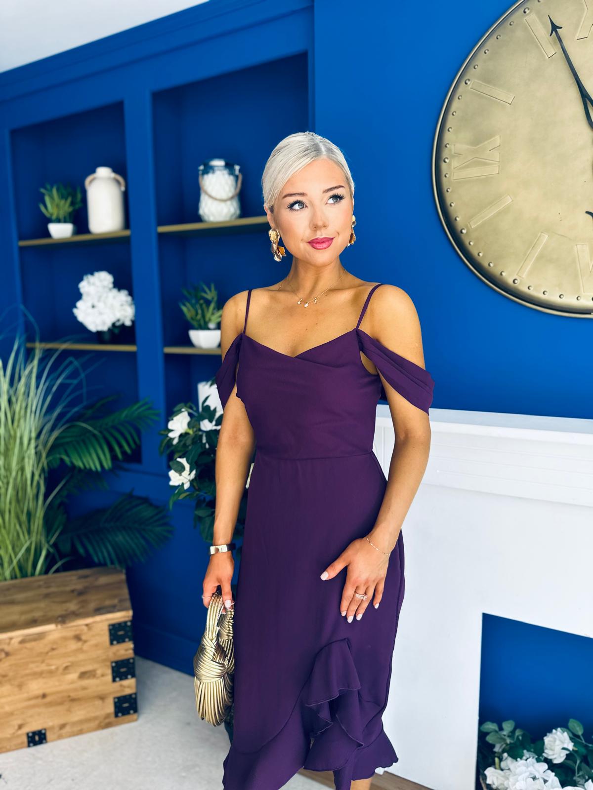 Kamilla Asym Off Shoulder Midi Dress Plum