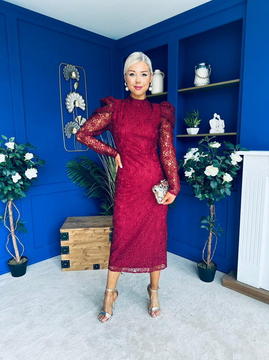 Naomi Puff Sleeve Lace Occasion Dress Wine