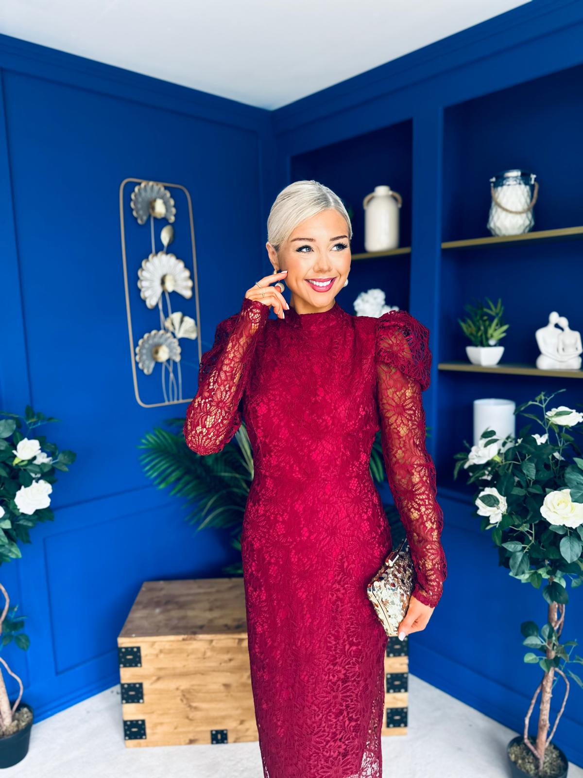 Naomi Puff Sleeve Lace Occasion Dress Wine