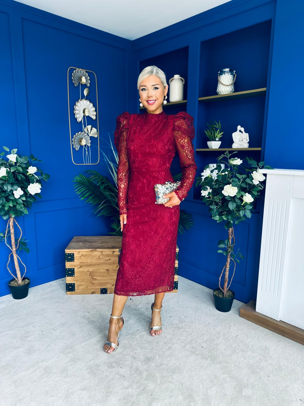 Naomi Puff Sleeve Lace Occasion Dress Wine
