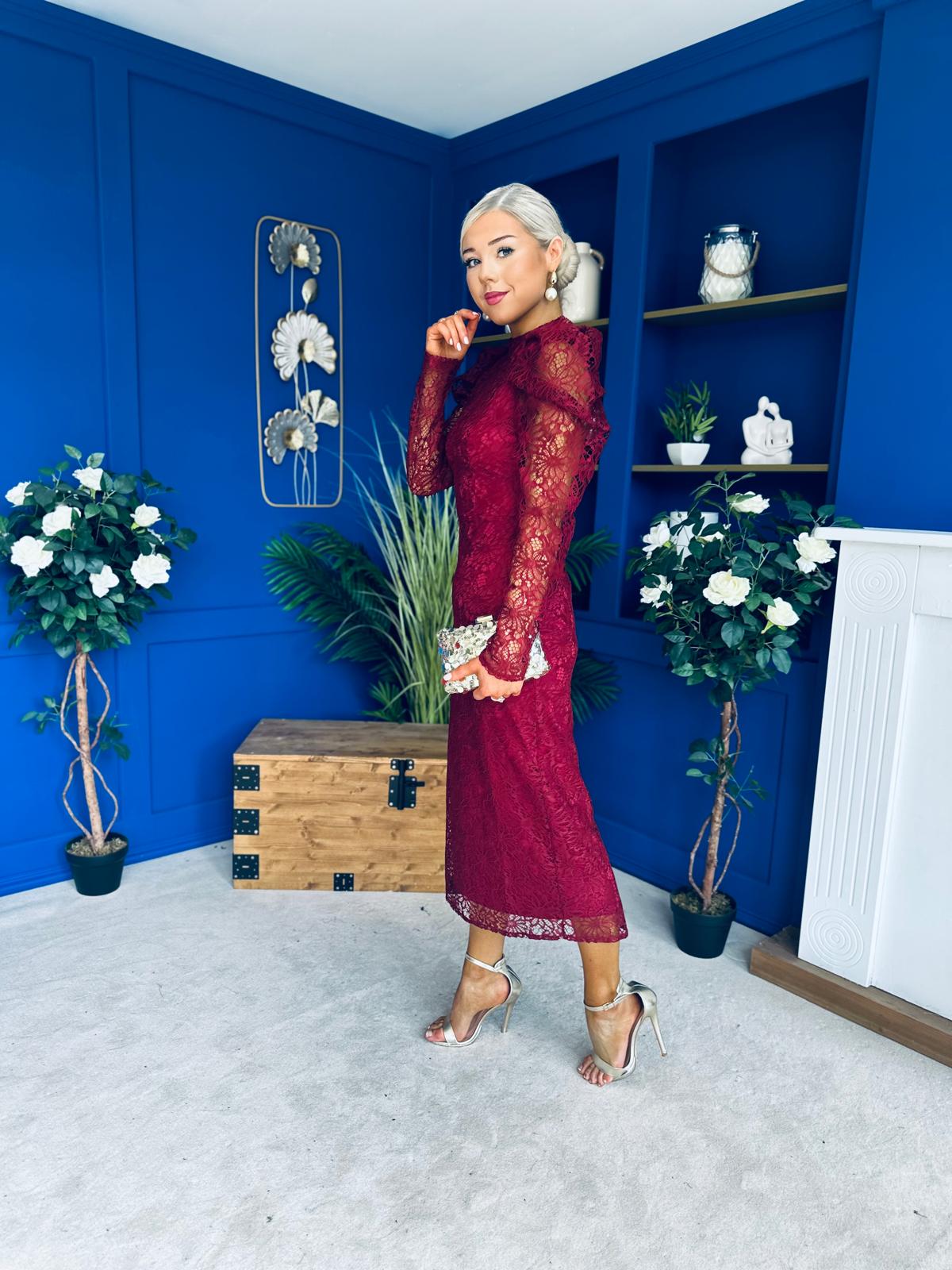 Naomi Puff Sleeve Lace Occasion Dress Wine