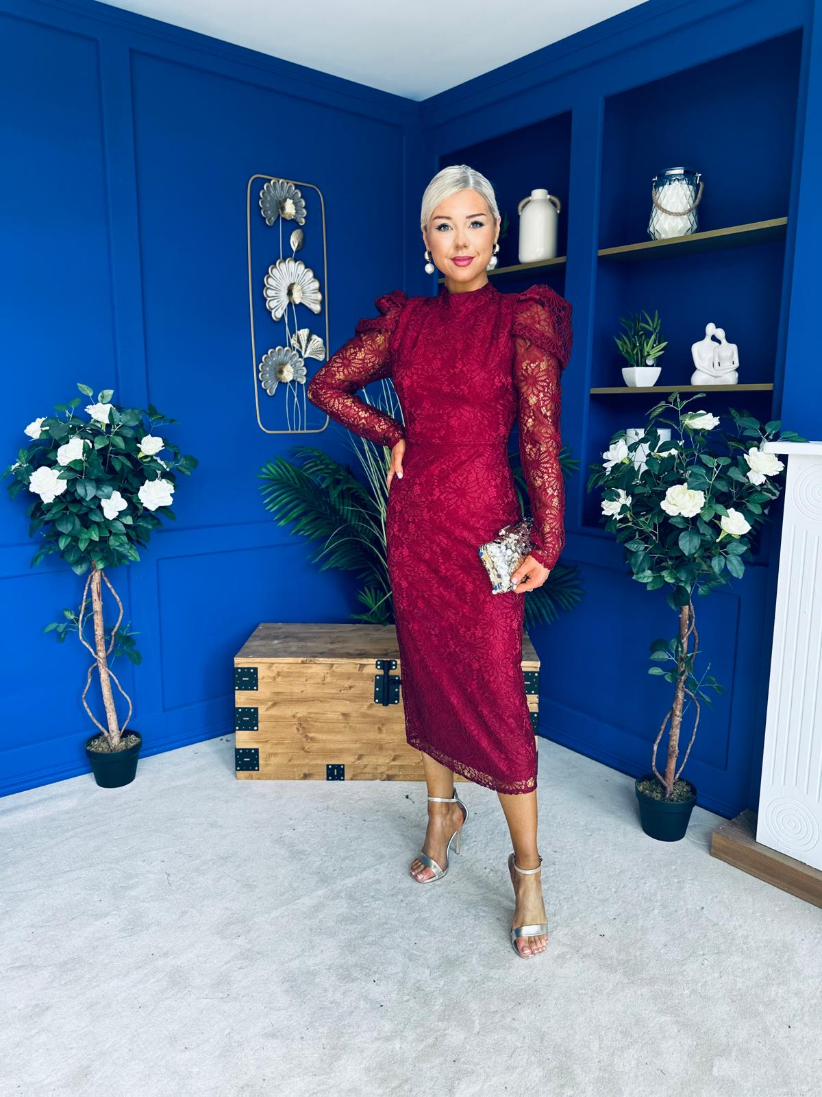 Naomi Puff Sleeve Lace Occasion Dress Wine
