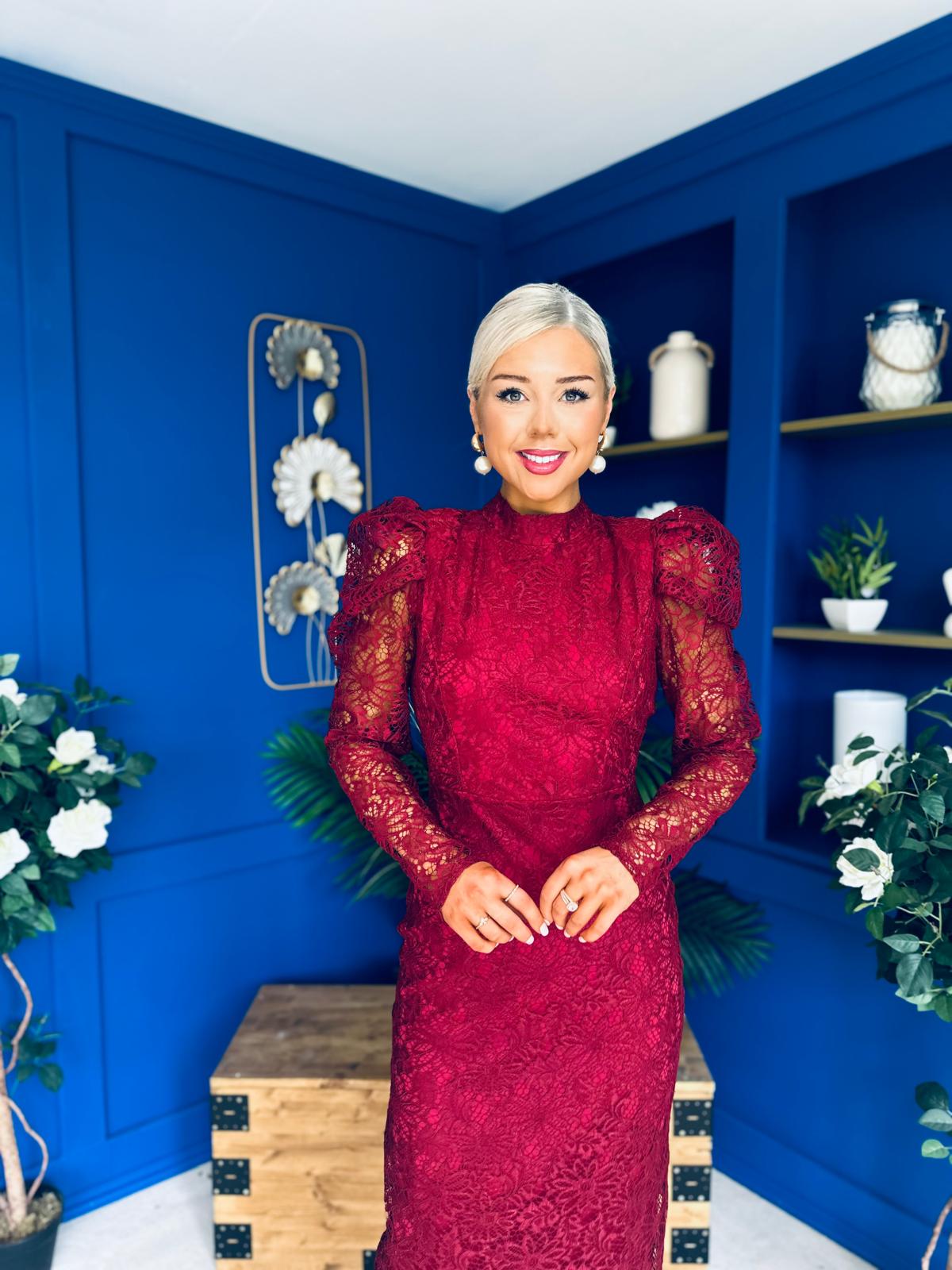 Naomi Puff Sleeve Lace Occasion Dress Wine
