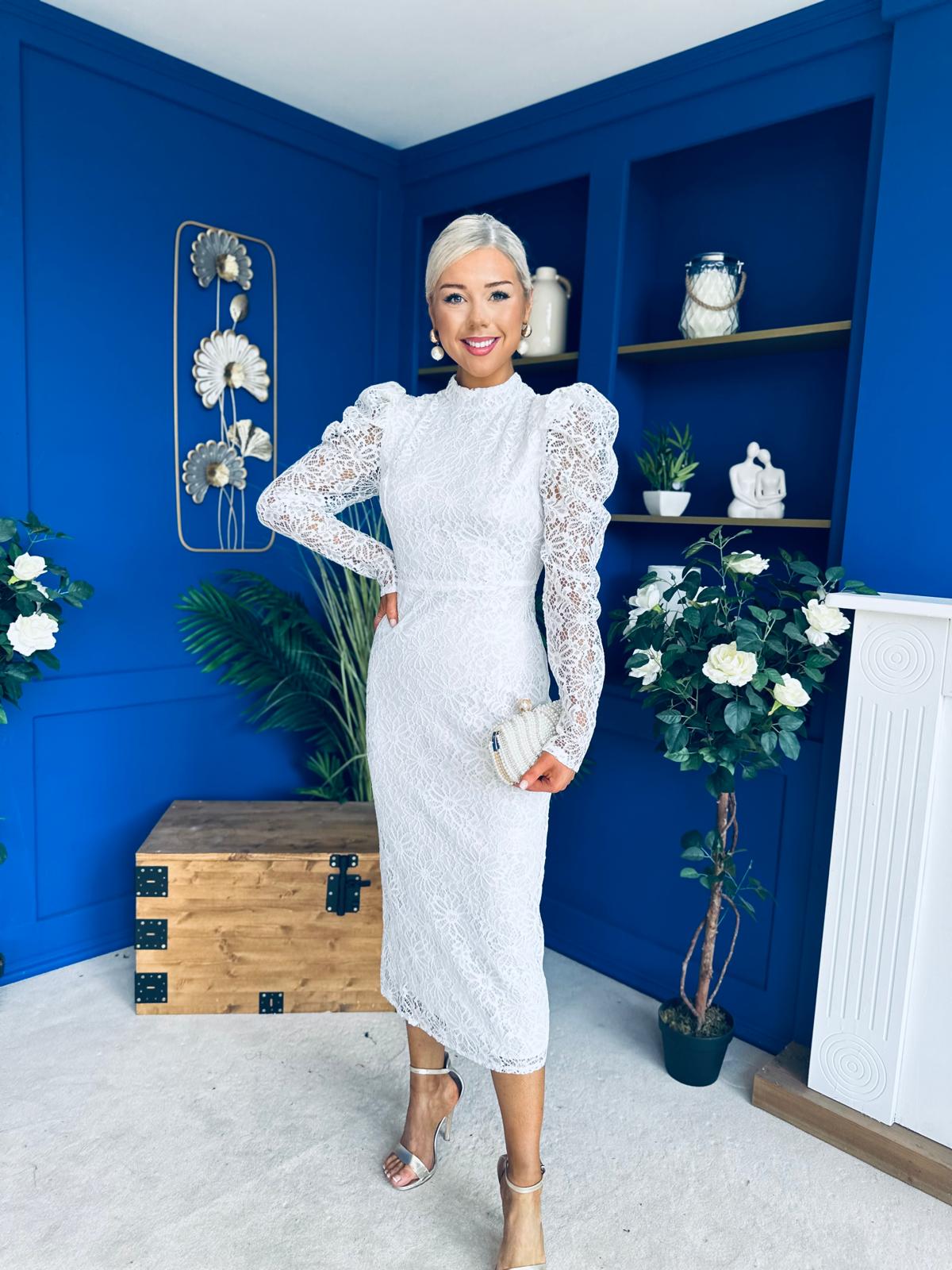 Naomi Puff Sleeve Lace Occasion Dress White