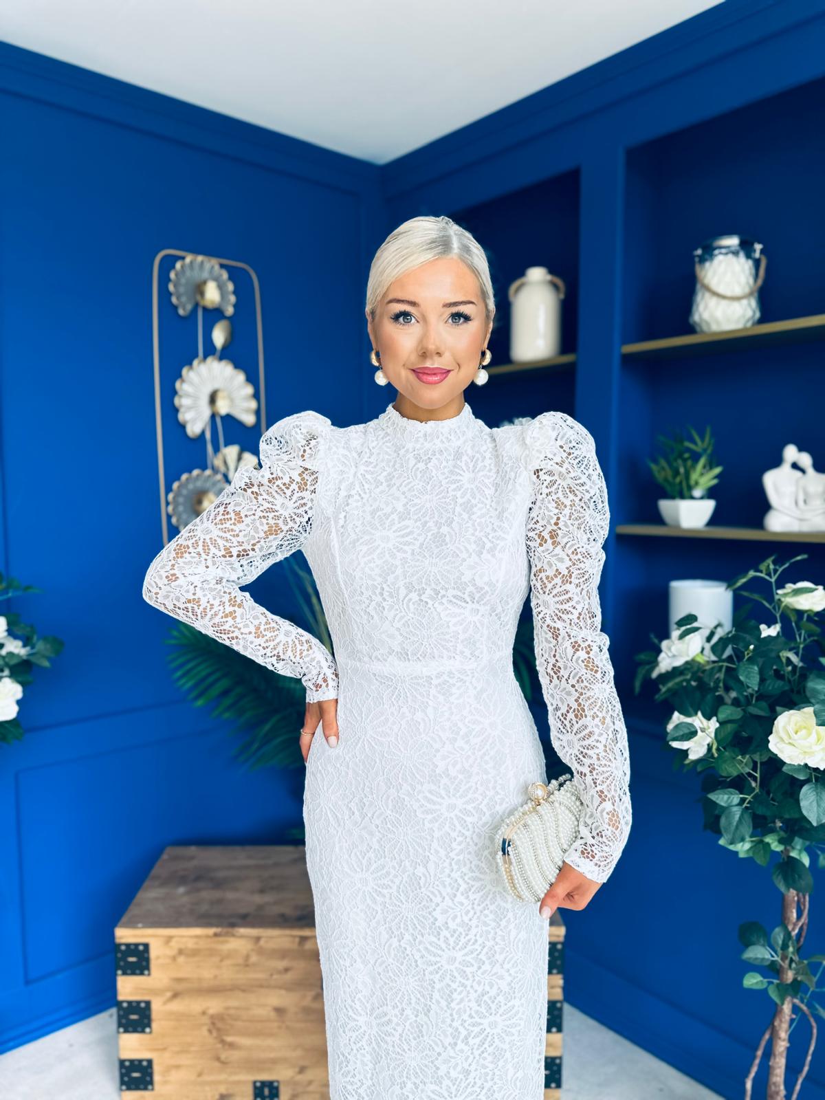Naomi Puff Sleeve Lace Occasion Dress White