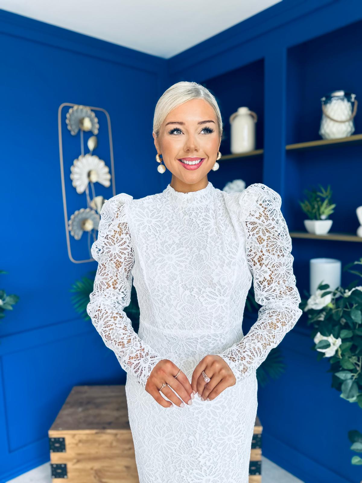 Naomi Puff Sleeve Lace Occasion Dress White