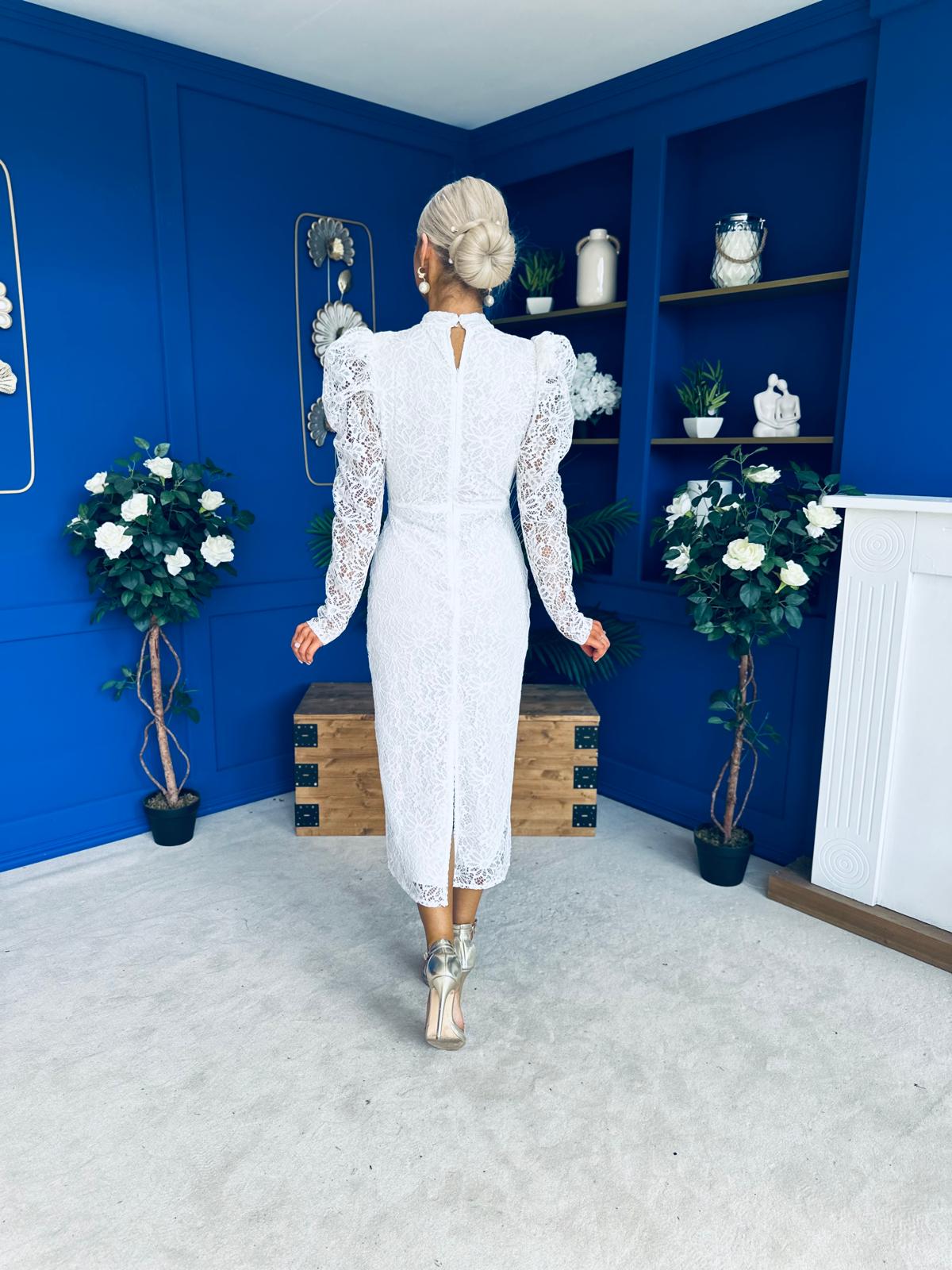 Naomi Puff Sleeve Lace Occasion Dress White