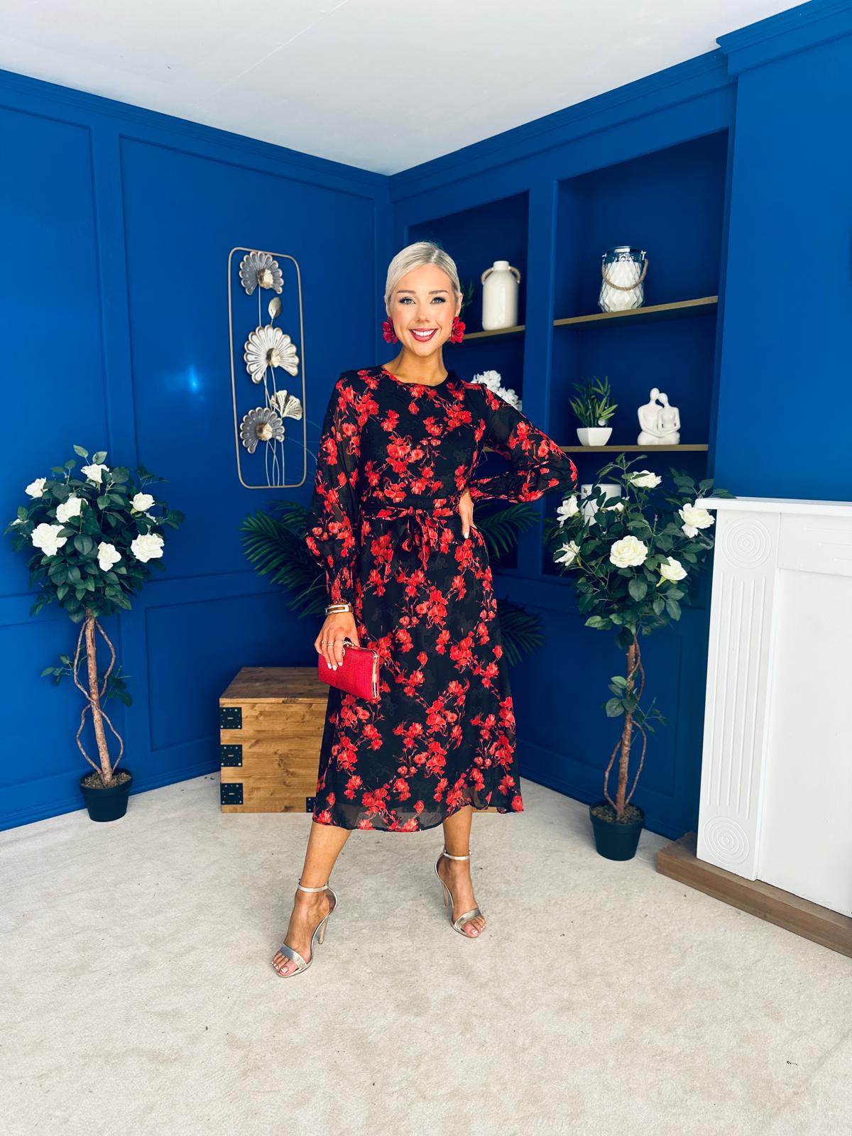 Kyla Long Sleeve Midi Dress Black Floral