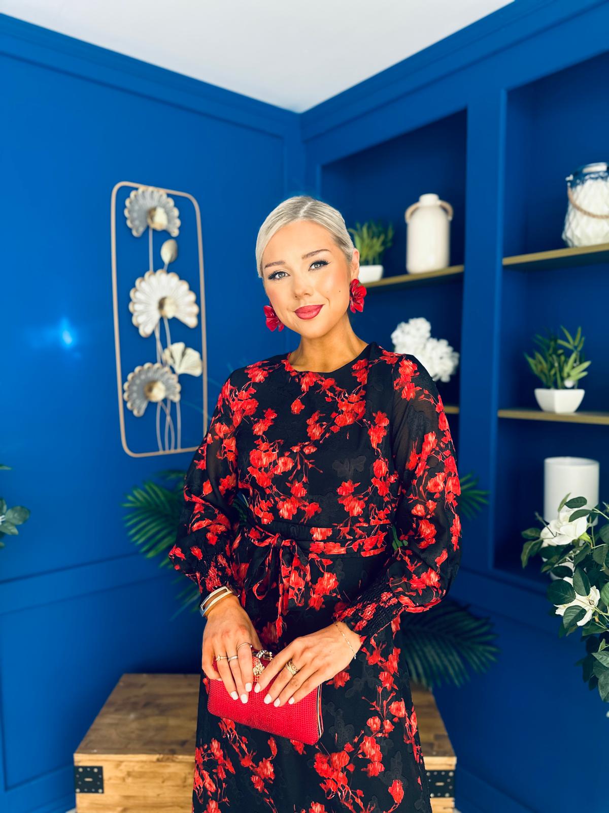 Kyla Long Sleeve Midi Dress Black Floral